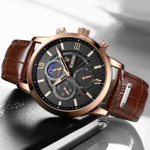 Men’s Leather Quartz Sports Waterproof Watch